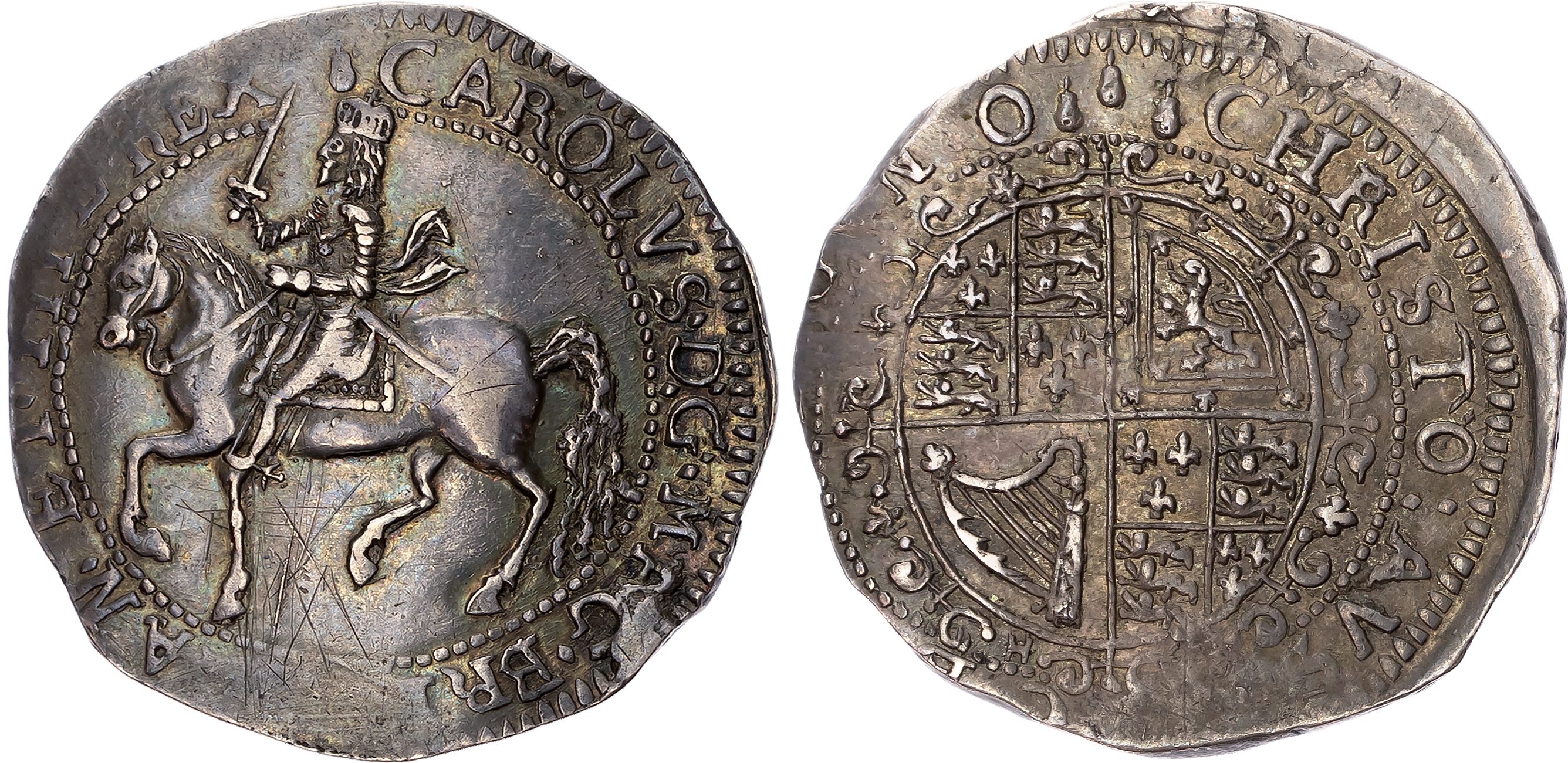 Charles I (1625-1649), AR Halfcrown [1646], Hartlebury Castle Issue, mm : Pear on obv., Three Pears on rev. King on hors…