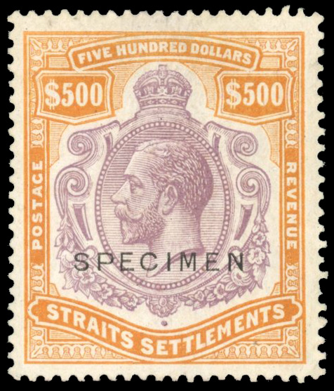 Malaya Straits Settlements SG 240das 1921 $500 Specimen Break in Scroll