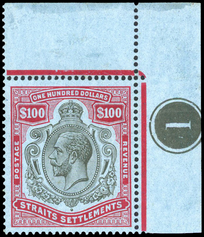Straits Settlements 1921-33 $100 black and carmine variety Break in scroll
