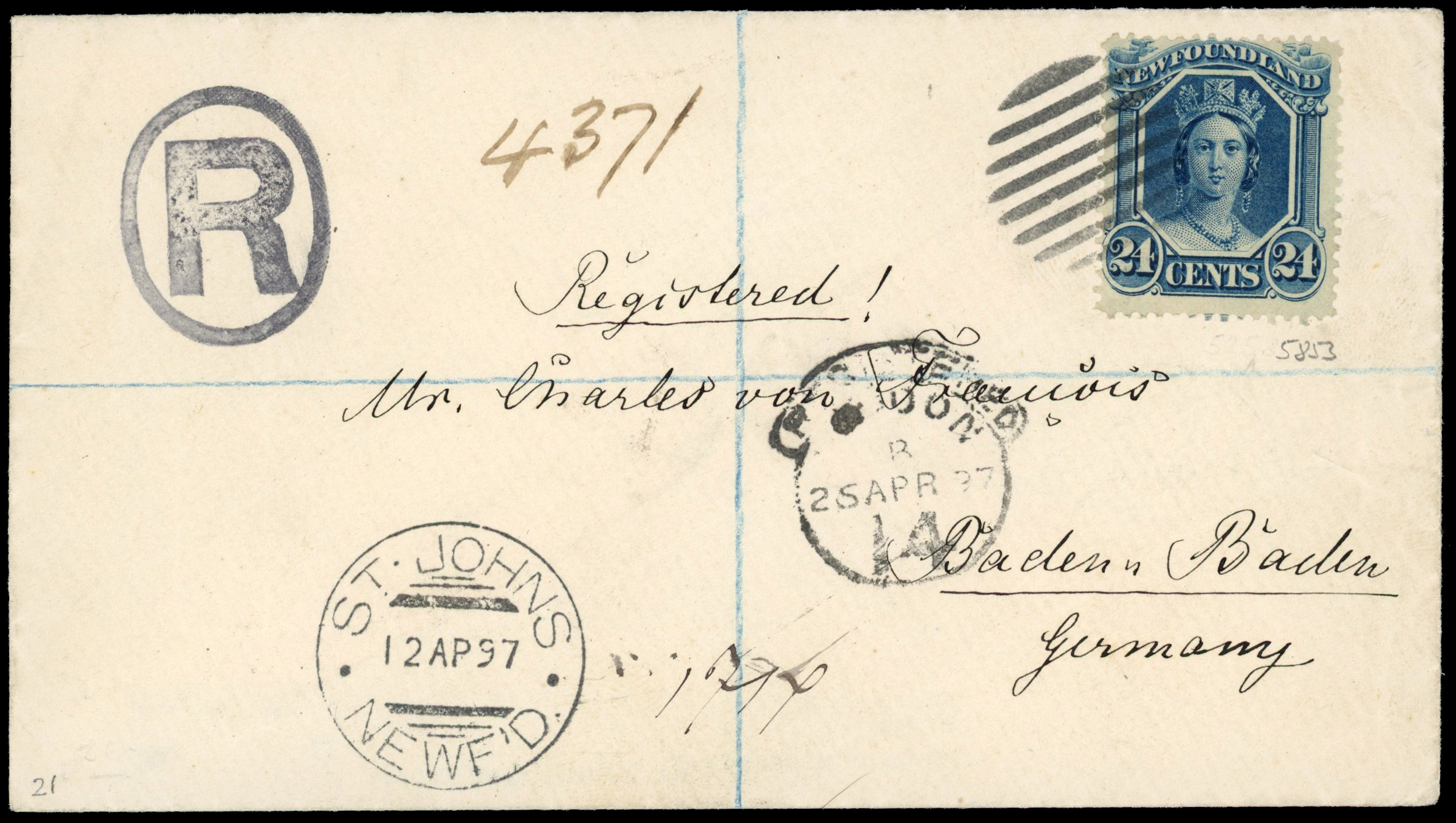 Newfoundland SG 30 on registered cover to Germany