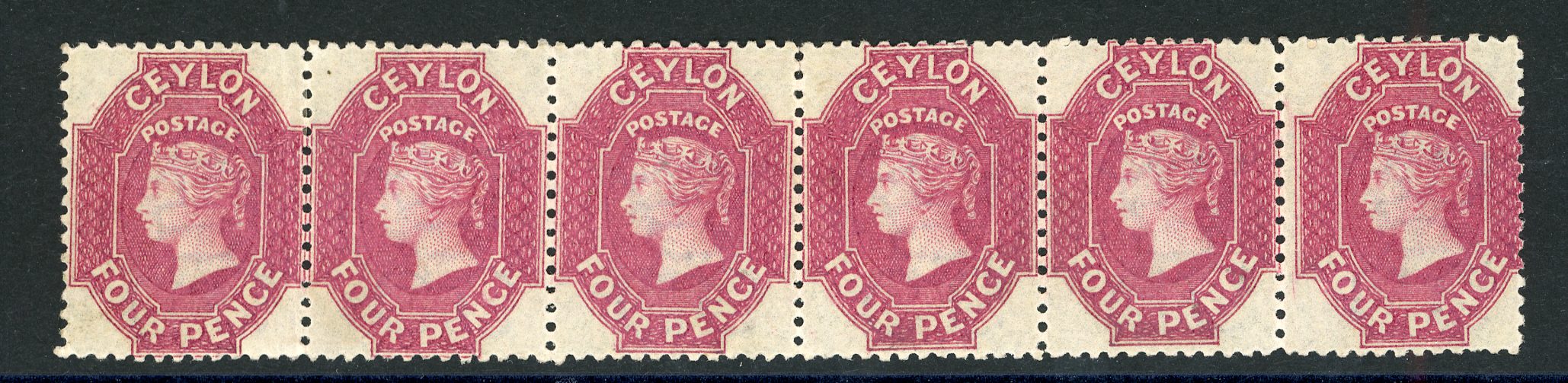 Ceylon SG 65b 4d rose-carmine, strip of six mint
