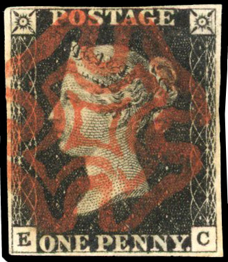 GB: 840 1d black, Plate 6, (EC), four margins, neat central red MC SG 2