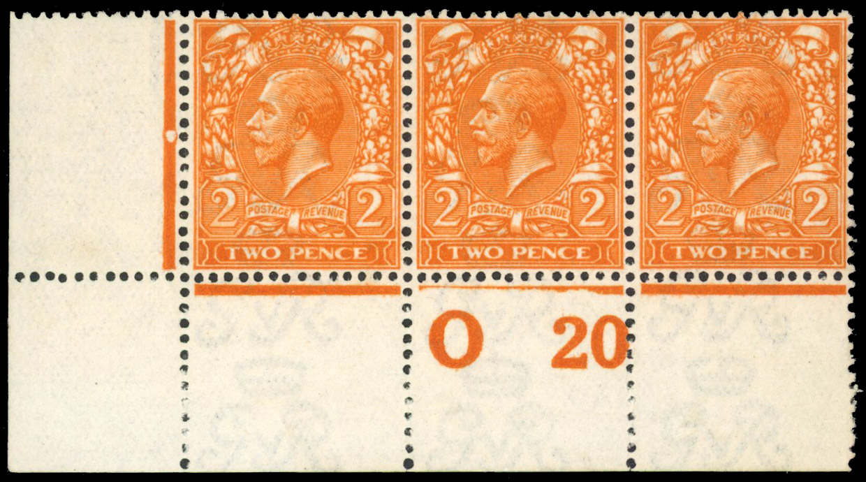 GB 1912-24 2d intense bright orange Control strip mint