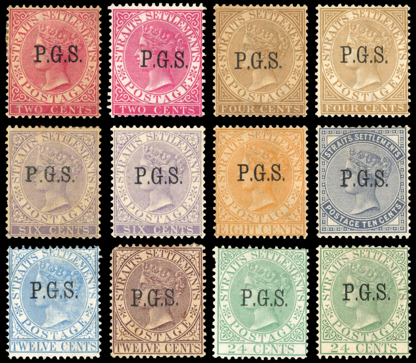 Malaya-Perak: OFFICIALS:  1889 stamps of Straits settlements overprinted P.G.S. mint set