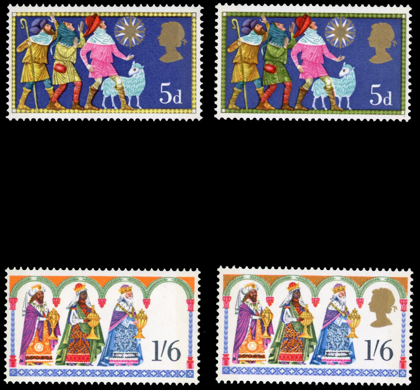 1969 Christmas 5d green omitted, 1s6d gold (Queen's head) omitted, 1s6d deep slate (value) omitted, and 1s6d