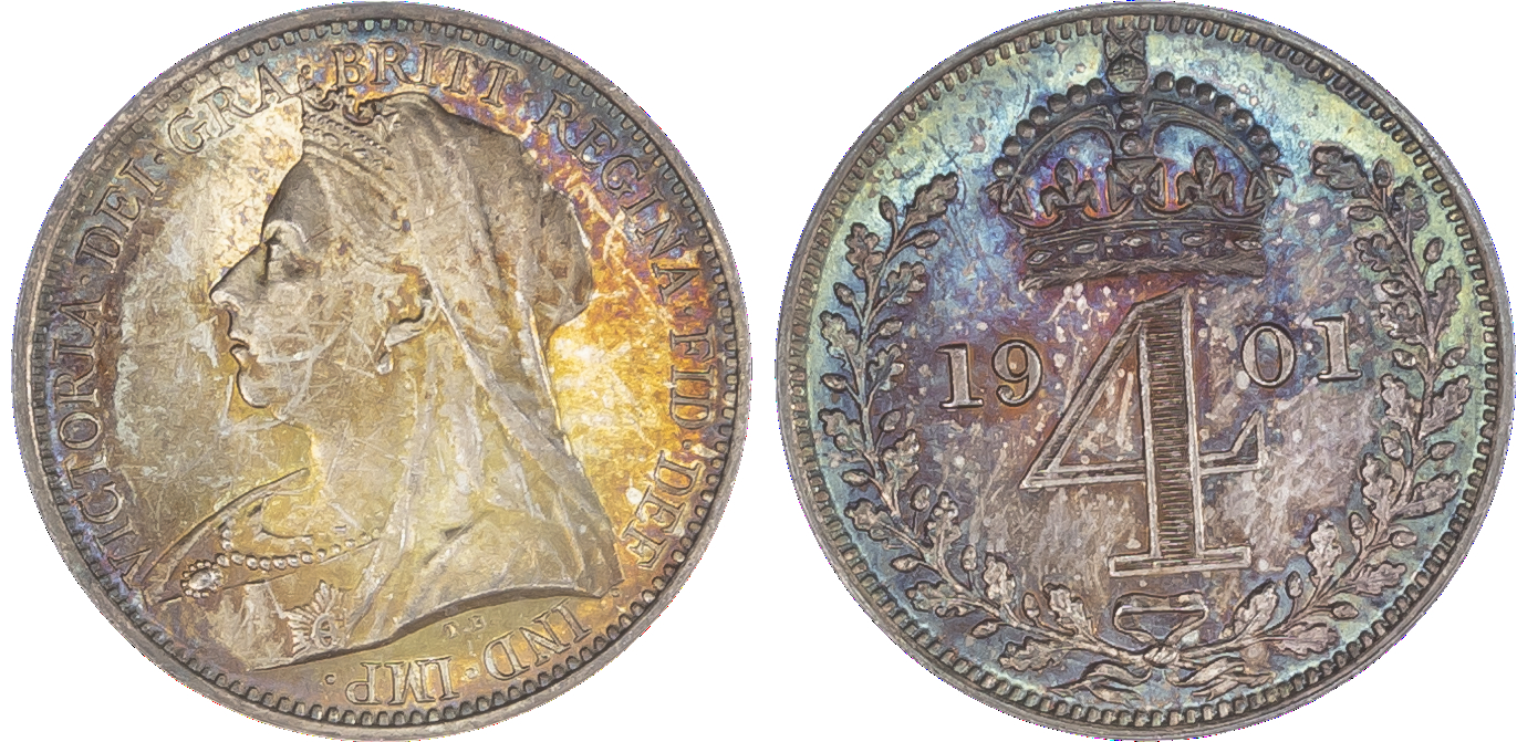 Victoria (1837-1901), Maundy set, 1901, Four, Three, Two and One Penny, each with old head bust left, T.B below truncation