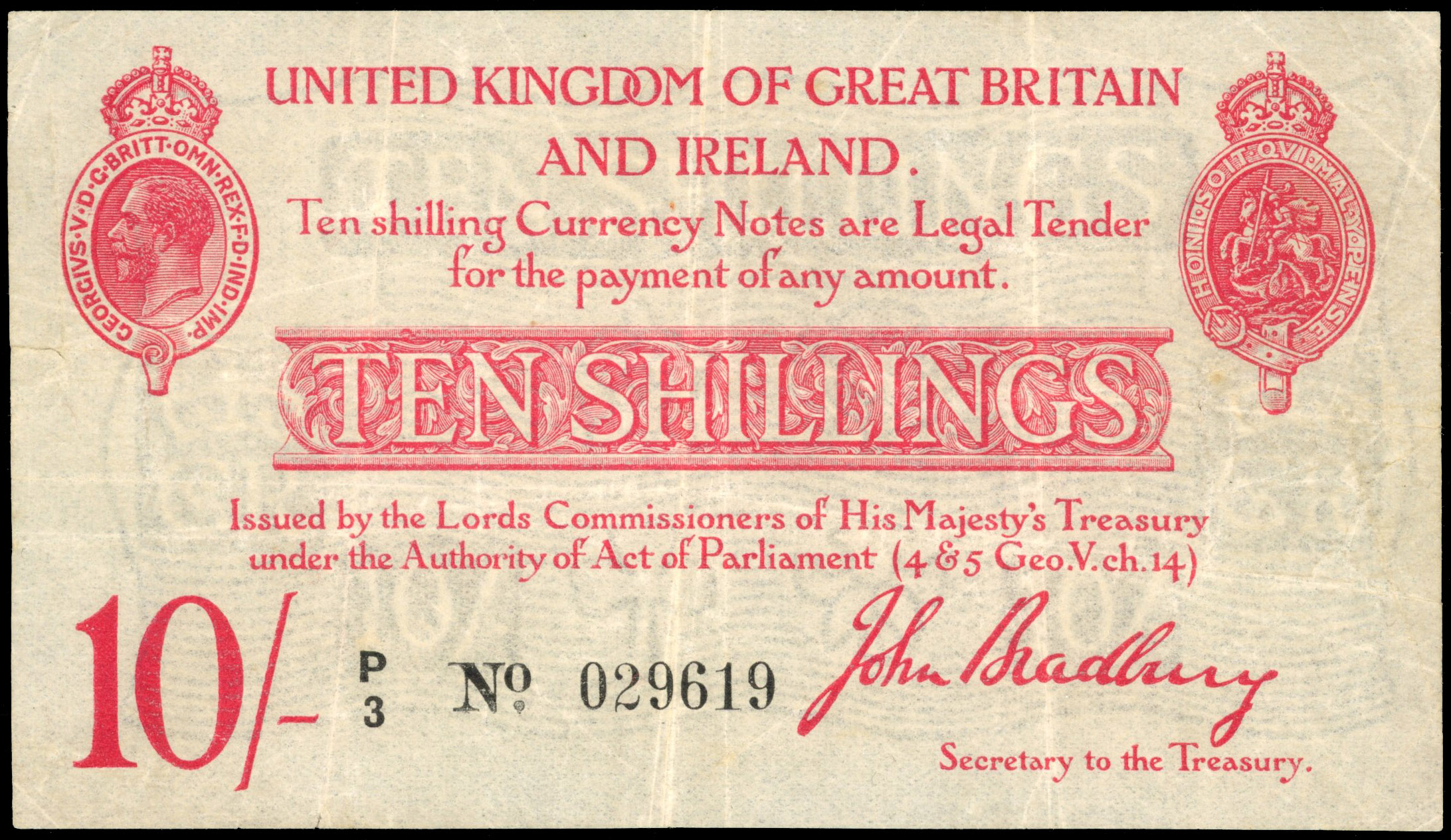 Treasury, J. Bradbury, (second issue), Ten Shillings, Jan. 1915, P/3 029619. (Dugg. T13-1), Several crease mar…