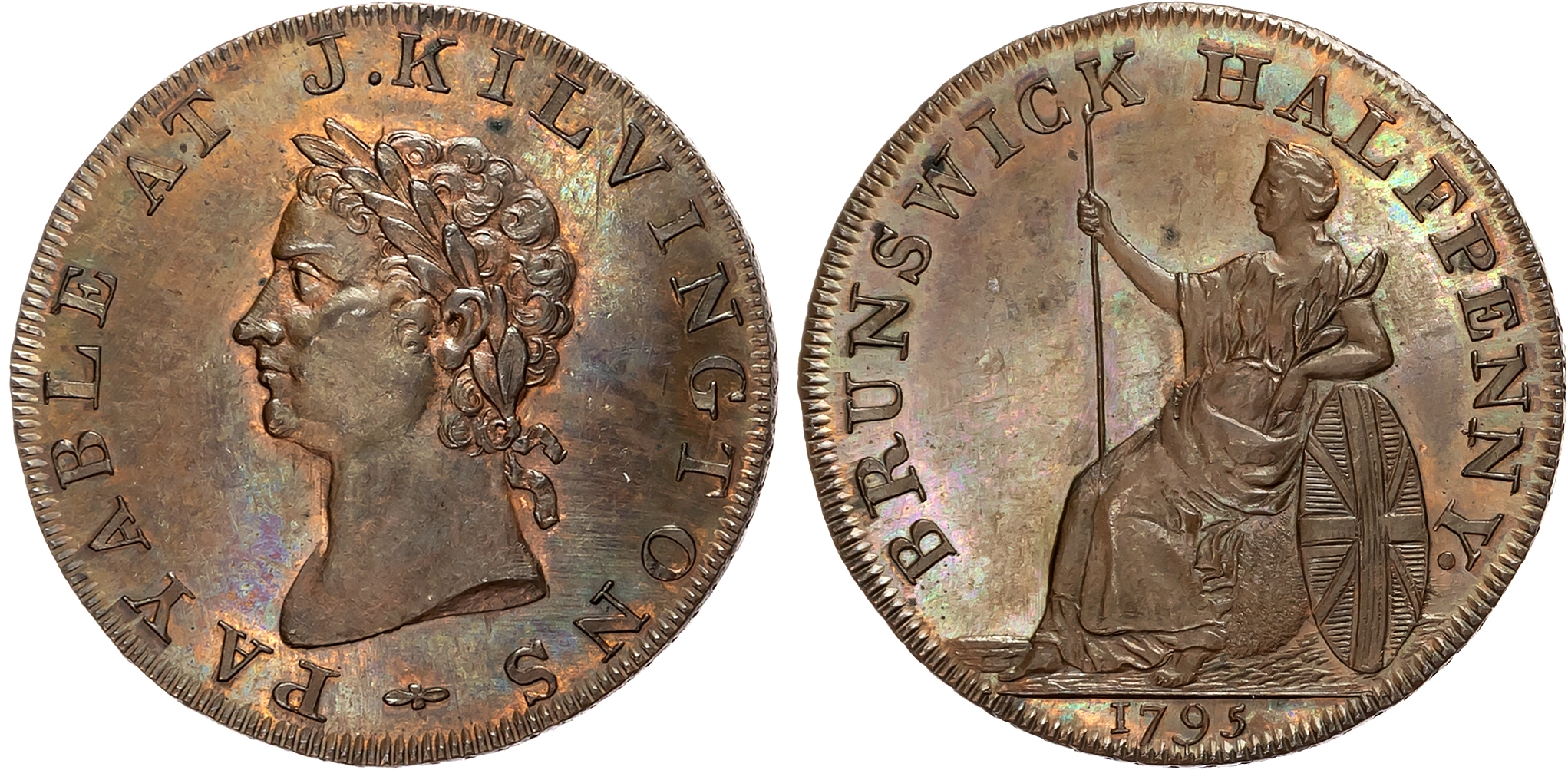 London , Drury Lane , John Kilvington (grocer & tea dealer), Halfpenny 1795, Laureate head left, rev. Britannia seated l …