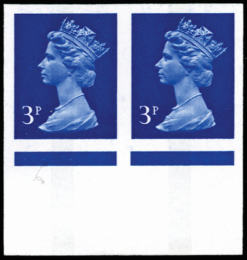 GB 1973 3p Ultramarine (1 centre band). Superb unmounted o.g bottom marginal horizontal pair of imperfo… SGX856var