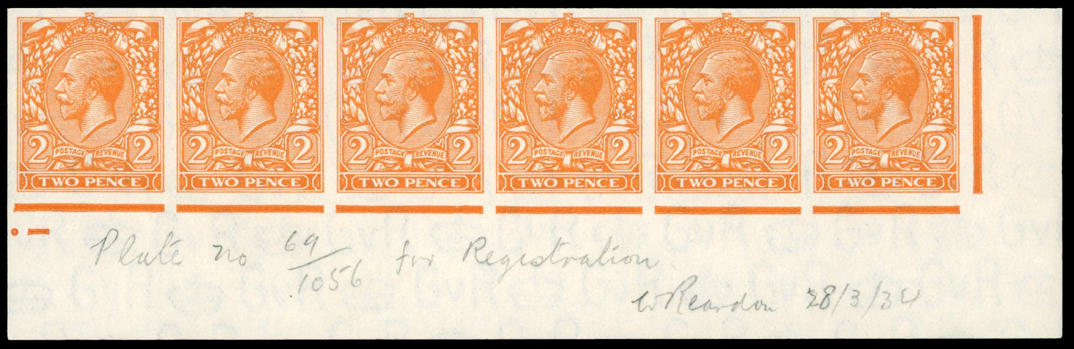 Great Britain 1934 2d Orange, Strip of Six, BPMA Imprimatur, SG 421