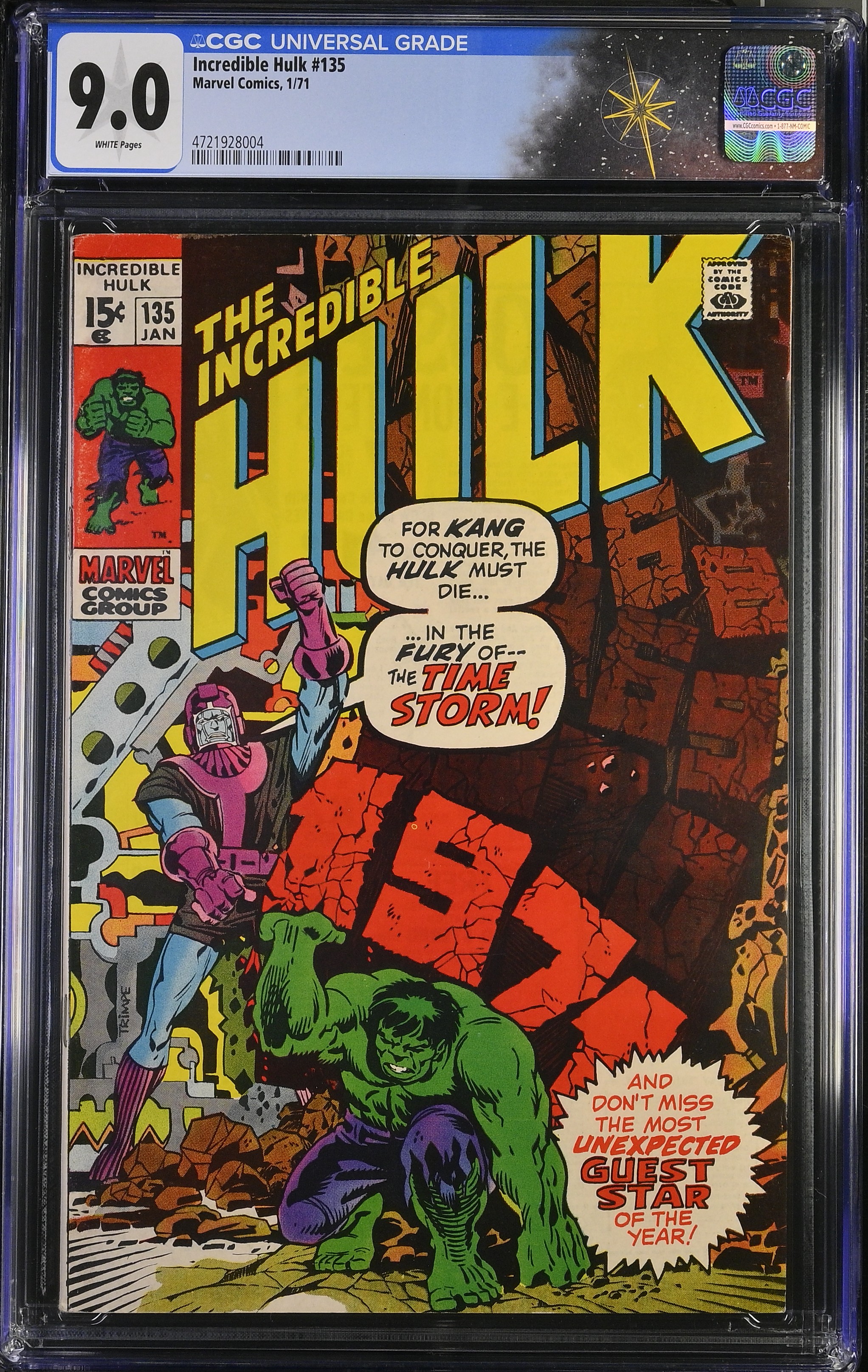Incredible Hulk #135 CGC 9.0 “Descent Into the Time-Stream” Herb Trimpe & Sal Buscema Cover (Marvel Comics, 1971) White Pages