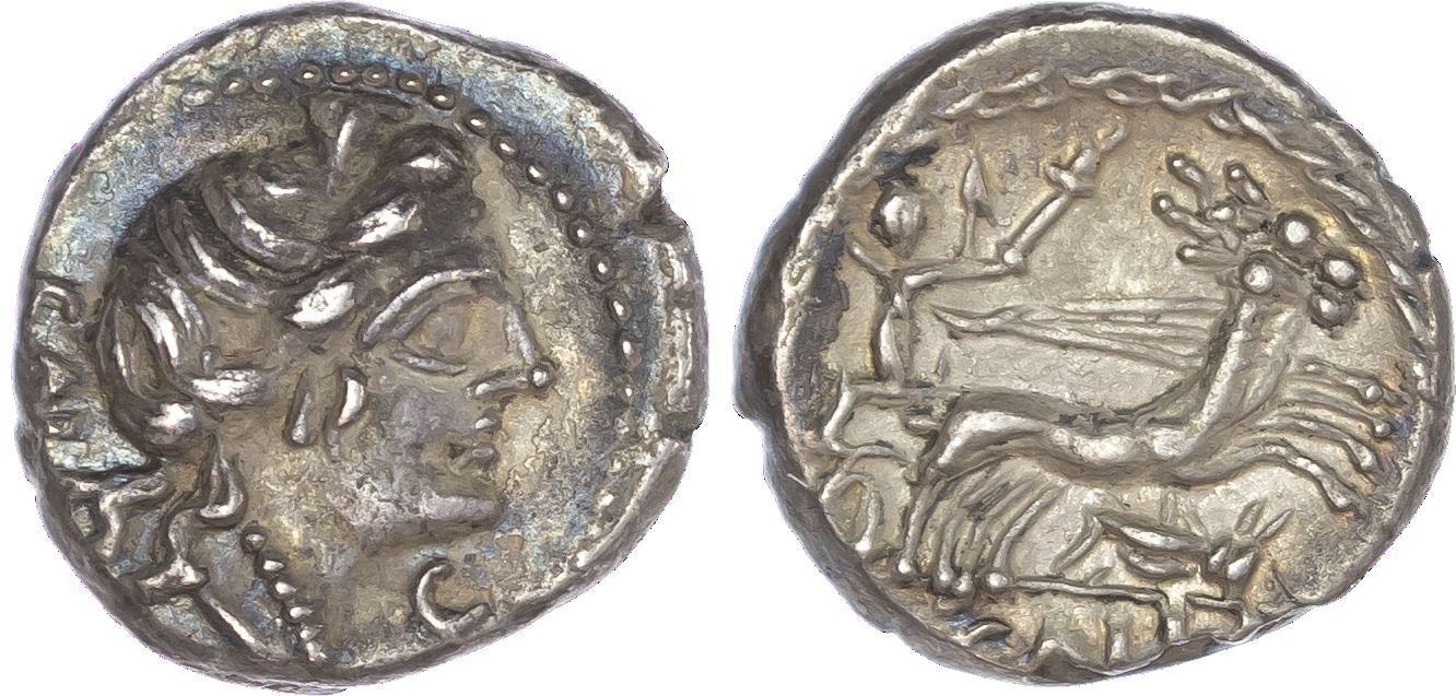 C. Allius Bala (92 BC) AR Denarius, Rome, 3.84g. BALA, diademed female head (Diana?) facing right. Rev. Diana, holding