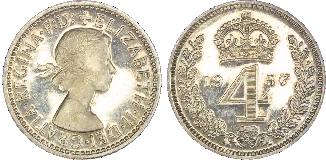 Elizabeth II (1952-2022), Maundy set, 1957, Four, Three, Two and One Pence, each with young laureate head of Queen right,