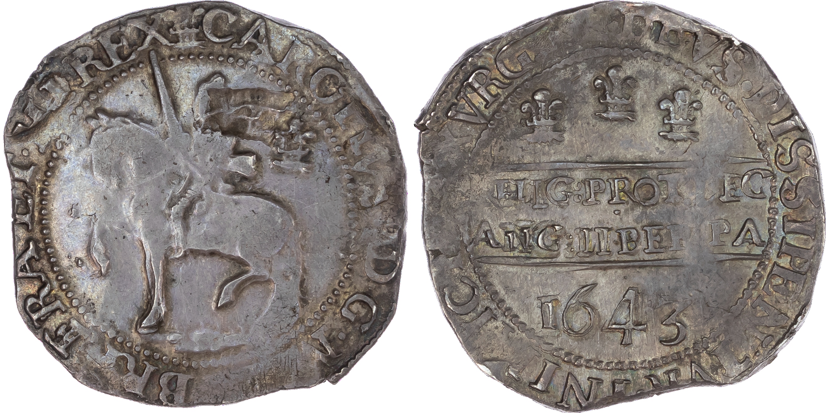 Charles I (1625-49), Halfcrown, 1643, Oxford mint, Intermediate period by Briot, reads CAROLLVS, crowned armoured King on