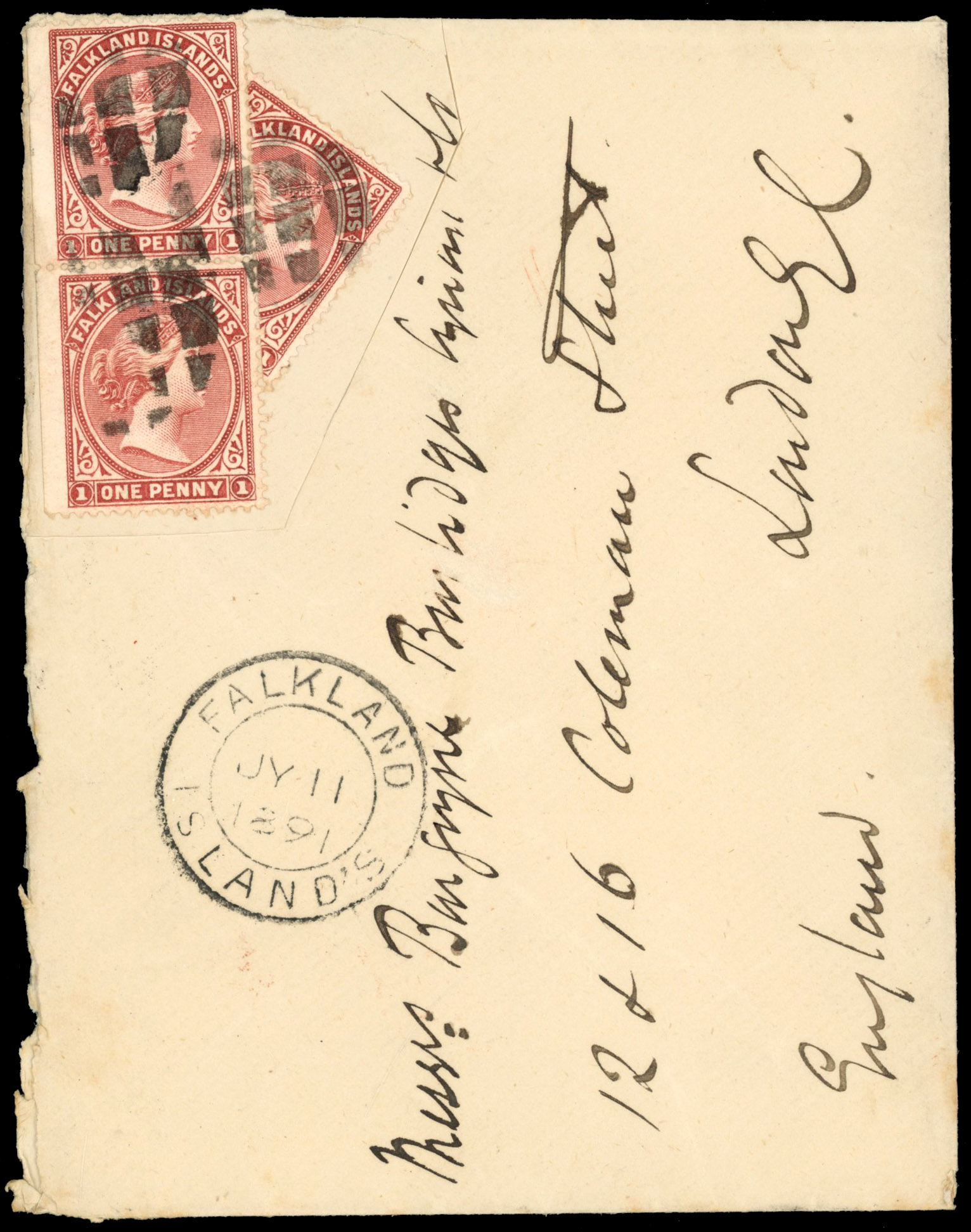 † Falkland Islands 1891 SG 8a 2½d rate bisect cover to UK