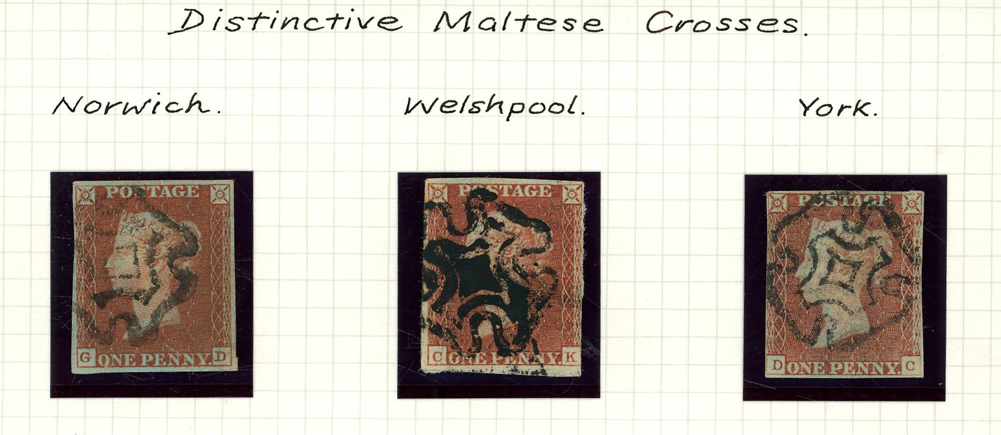 1841 1d Red-brown. Fine group of three. Norwich, Welshpool & York MC's