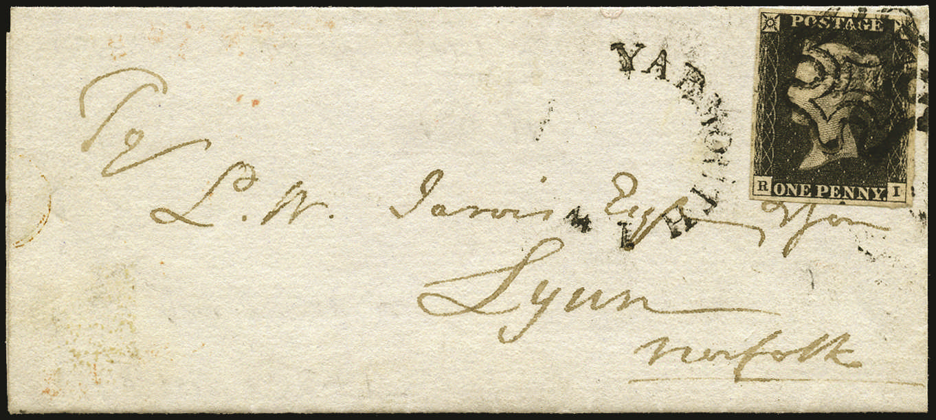 SG2 1840 1d Black Pl.4. Cover Yarmouth, Isle of Wight to Lynn