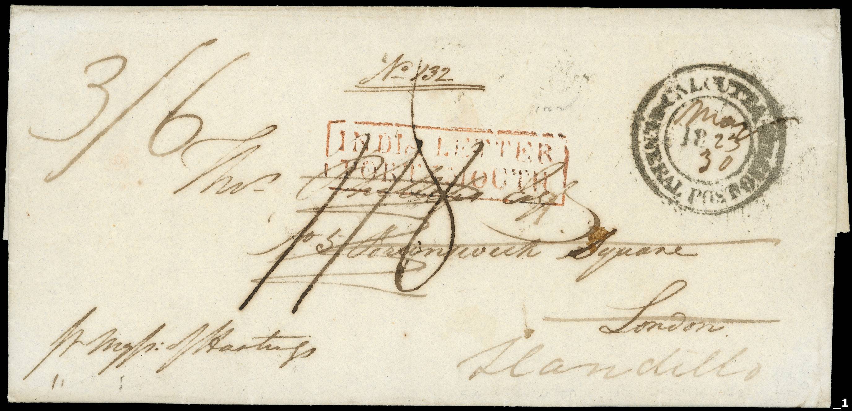 India POSTAL HISTORY: Pre-stamp 1823 double-rate entire letter from Calcutta to London, re-addressed to Llandillo, Wales