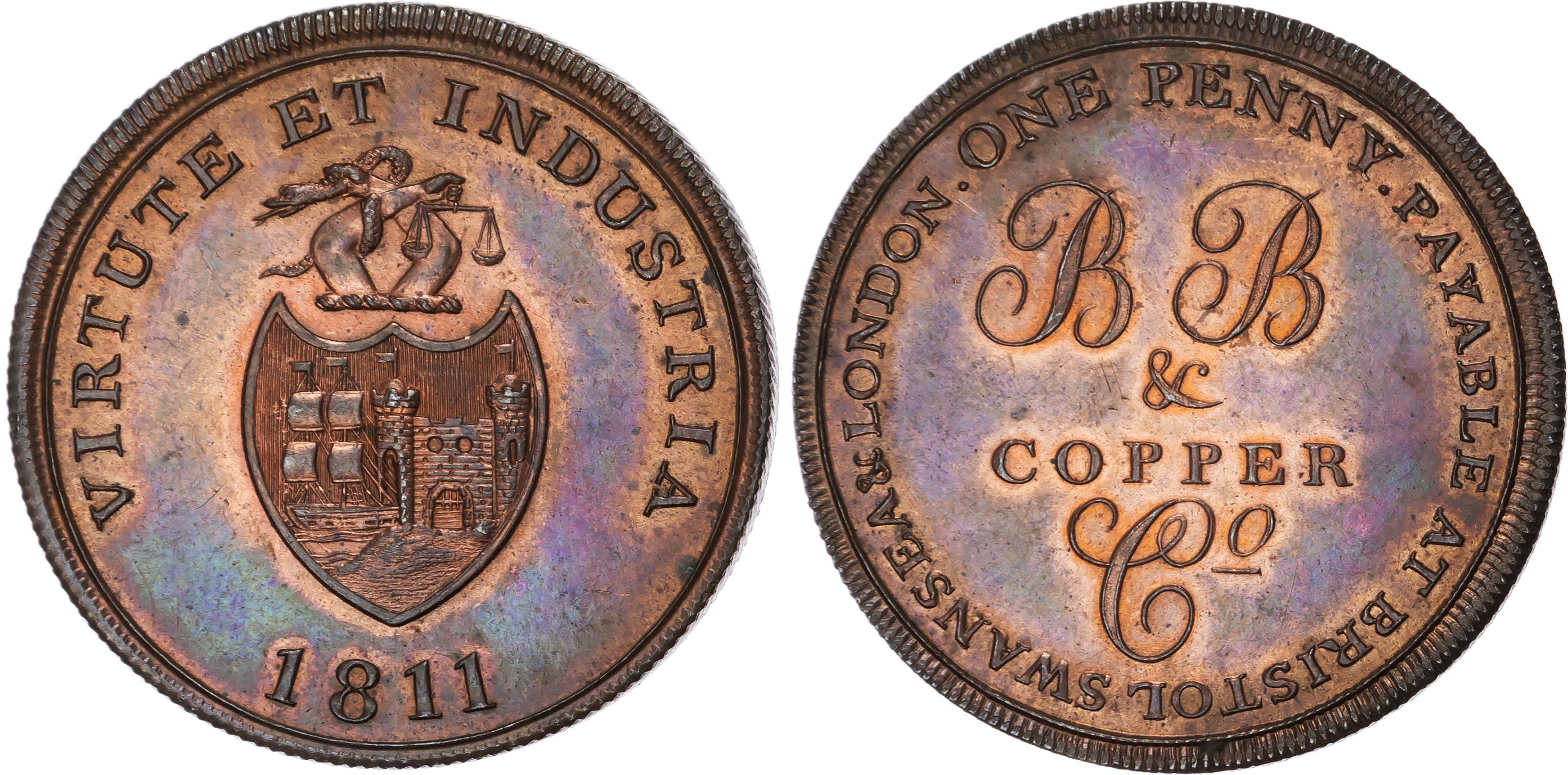 BRISTOL, Som. Bristol Brass & Copper Co. (copper rollers and wire manufacturers) Penny 1811, Arms and crest of…