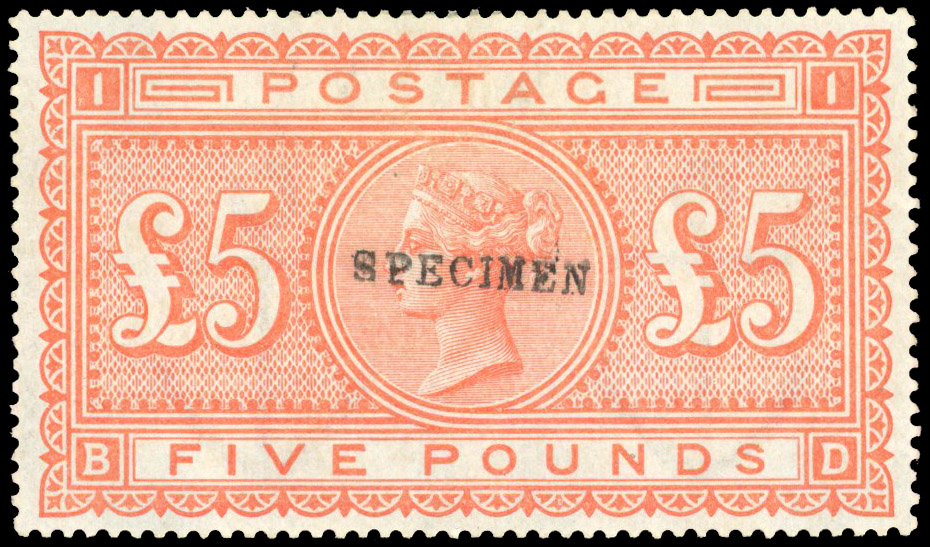 1867-83, Large Anchor, white paper, £5 orange (BD), overprinted ‘SPECIMEN’ (type 9)