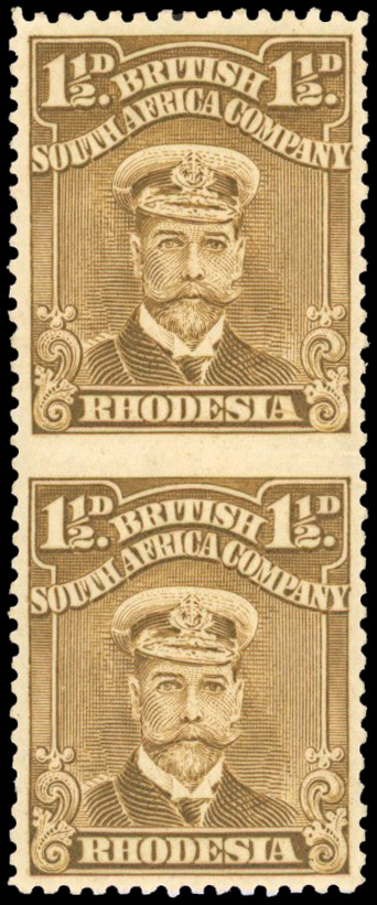 Rhodesia SG 199b 1913-19 1½d vertical pair error Imperf Between mint