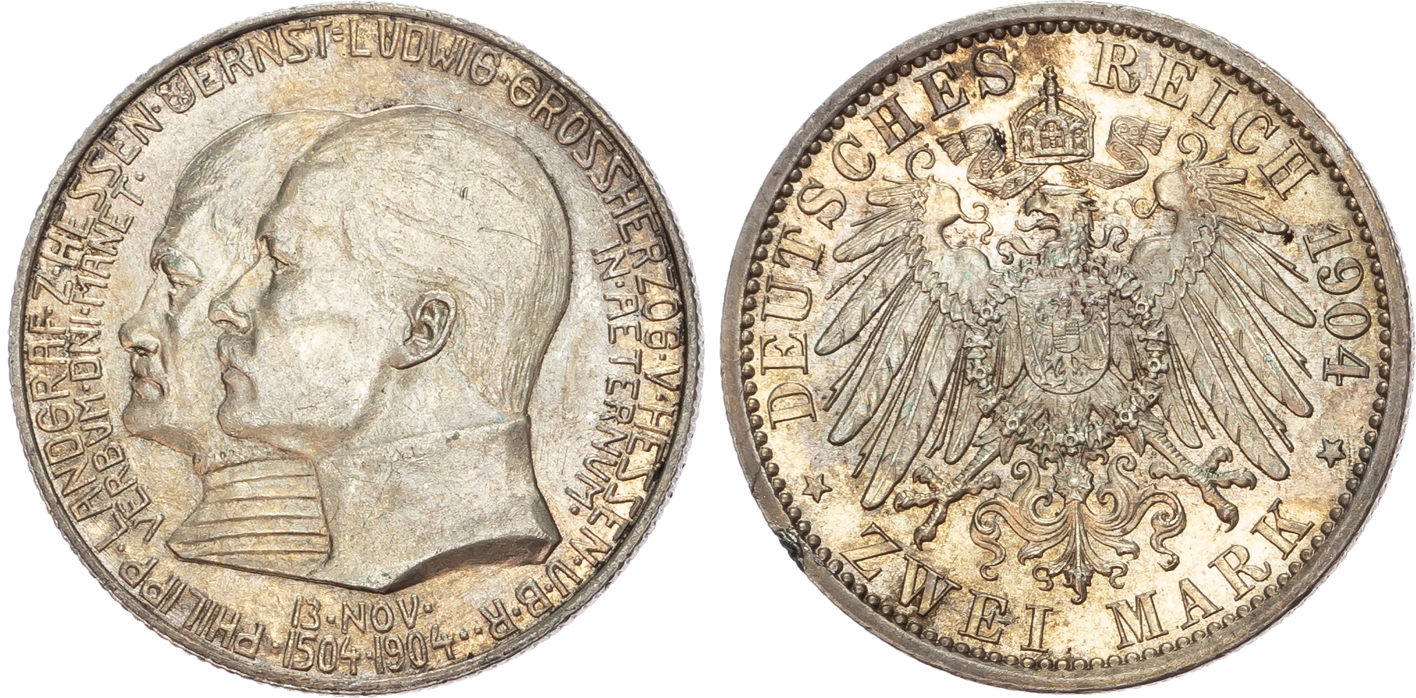 Germany, Hesse-Darmstadt, Ernst Ludwig (1892-1918), 400th Anniversary of Phillip the Magnanimous, silver 5 and 2 Marks (2).
