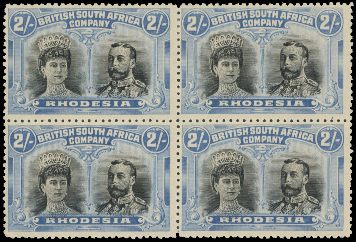 2s black and china blue RSC D block of four, positions 2-8 with position 2 Queen's Thick Ear