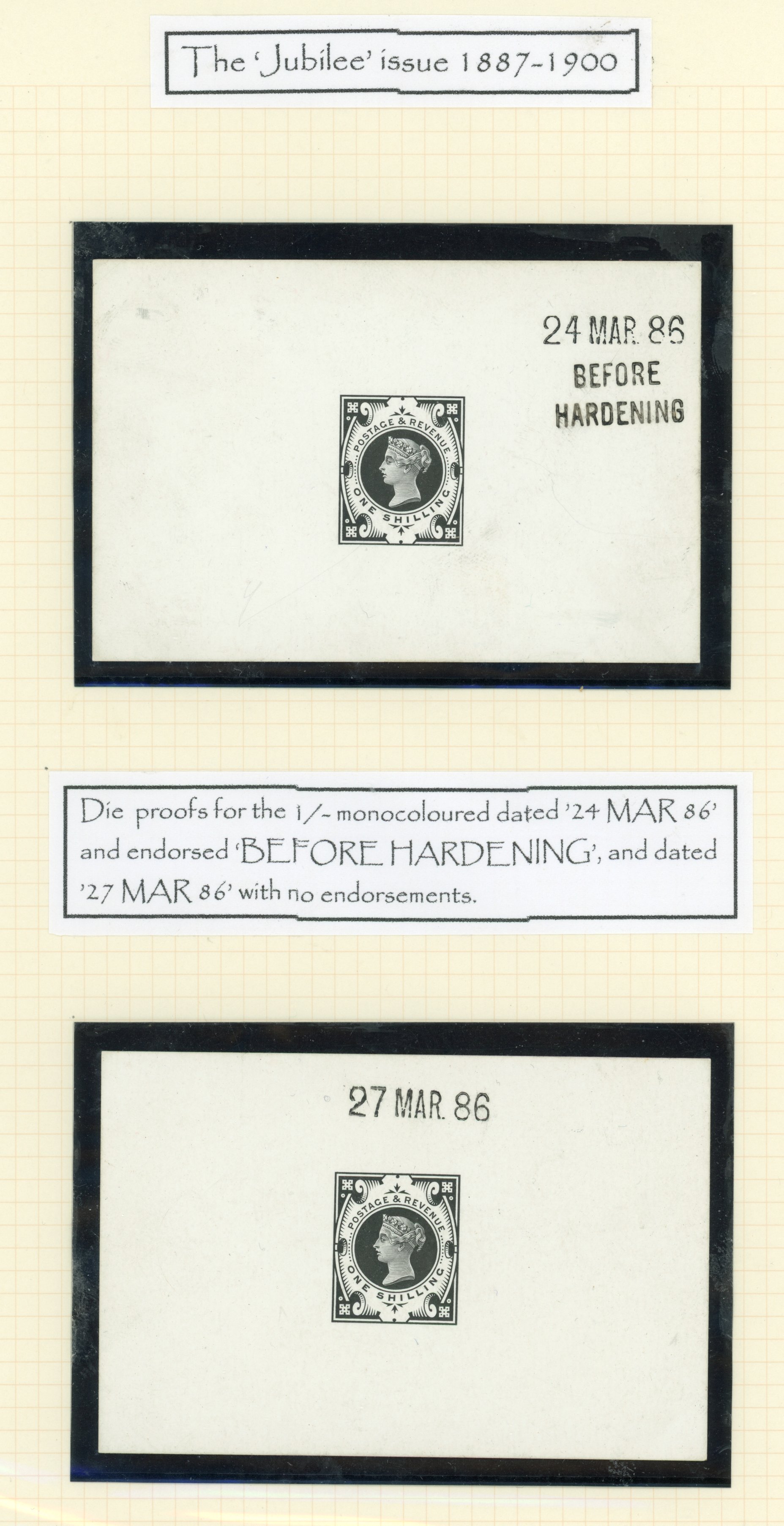 GB 1887-92 1s pair of die proofs, printed in black on white glazed card, For SG 211