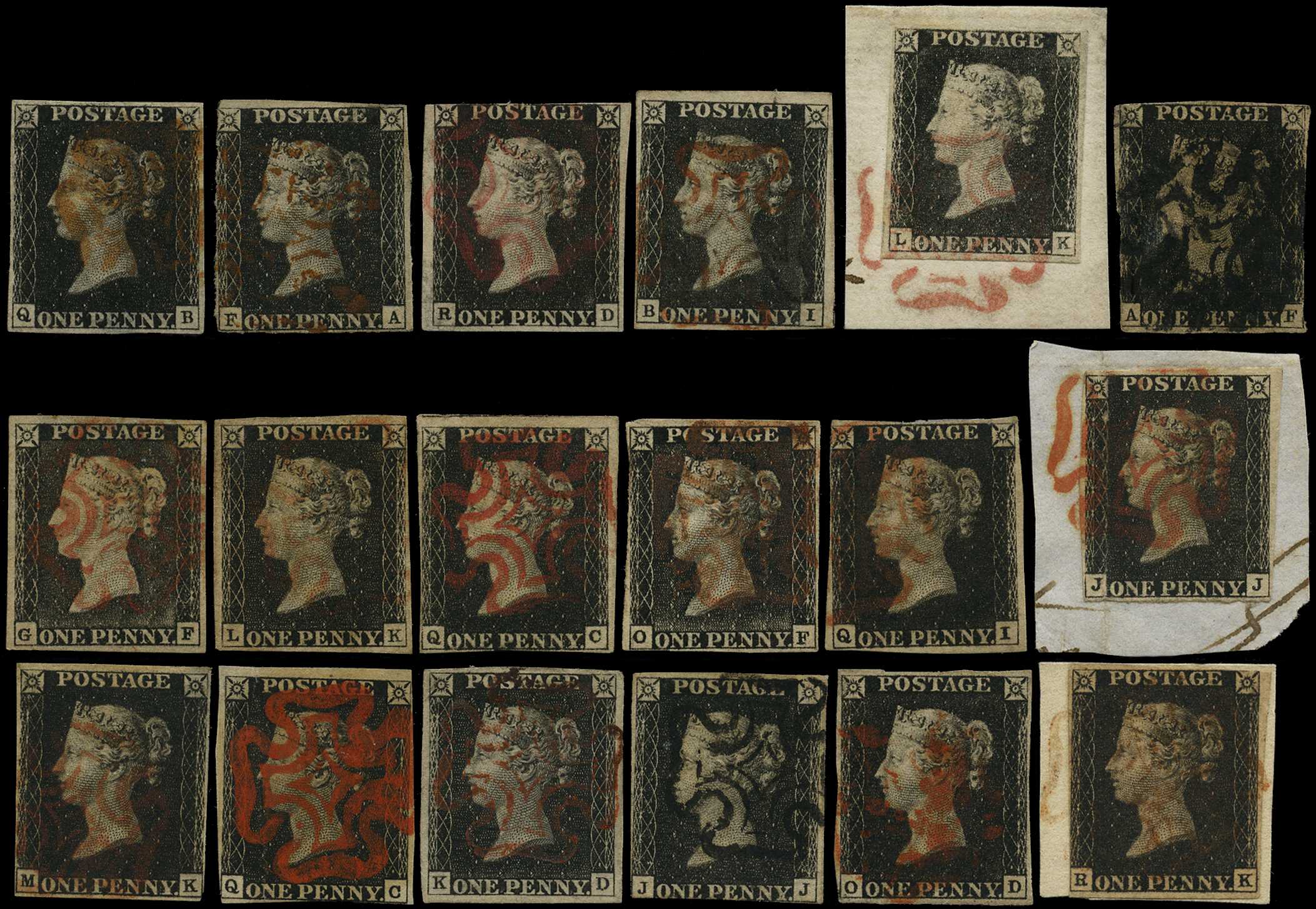 1840 1d black unplated selection of 18...
