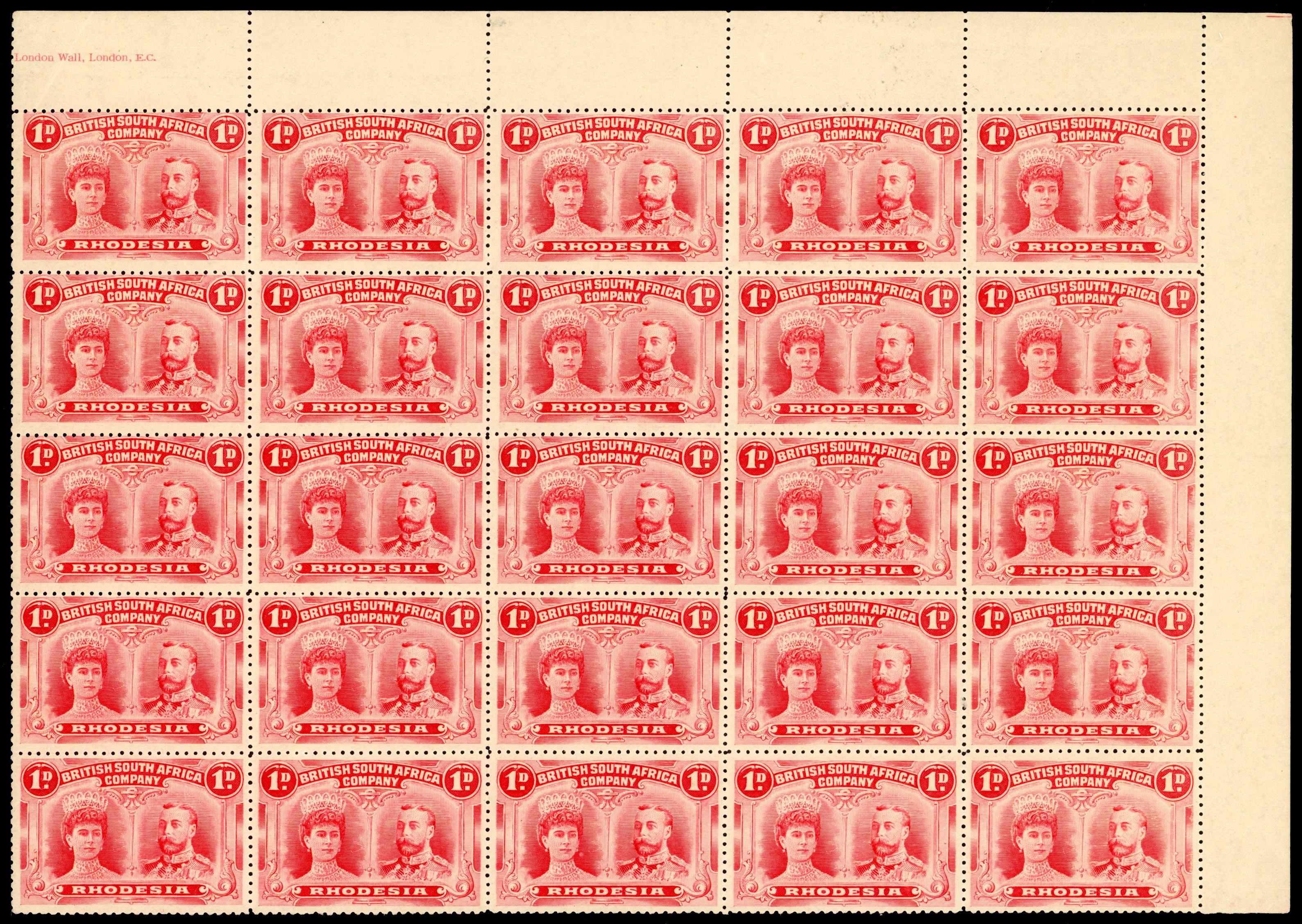 Rhodesia 1910-13 1d bright carmine perf 14 corner block of 25