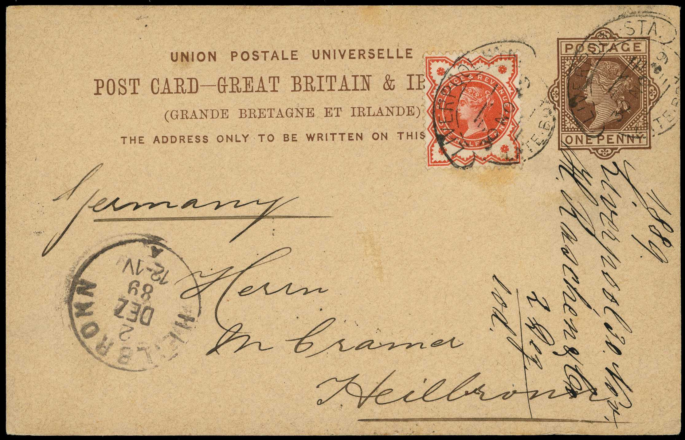 Postal History. 1889 1d UPU card to...
