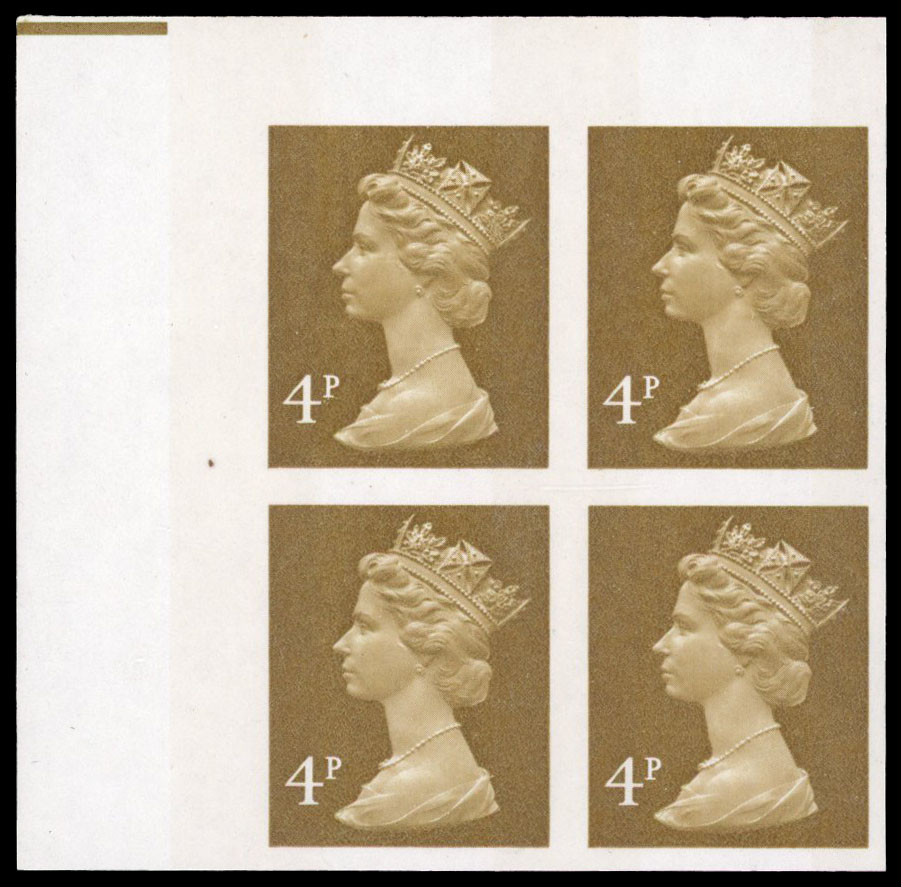 1971 4p ochre-brown top left-hand corner marginal imperforate block of 4, Pierron reports only one sheet with the top two