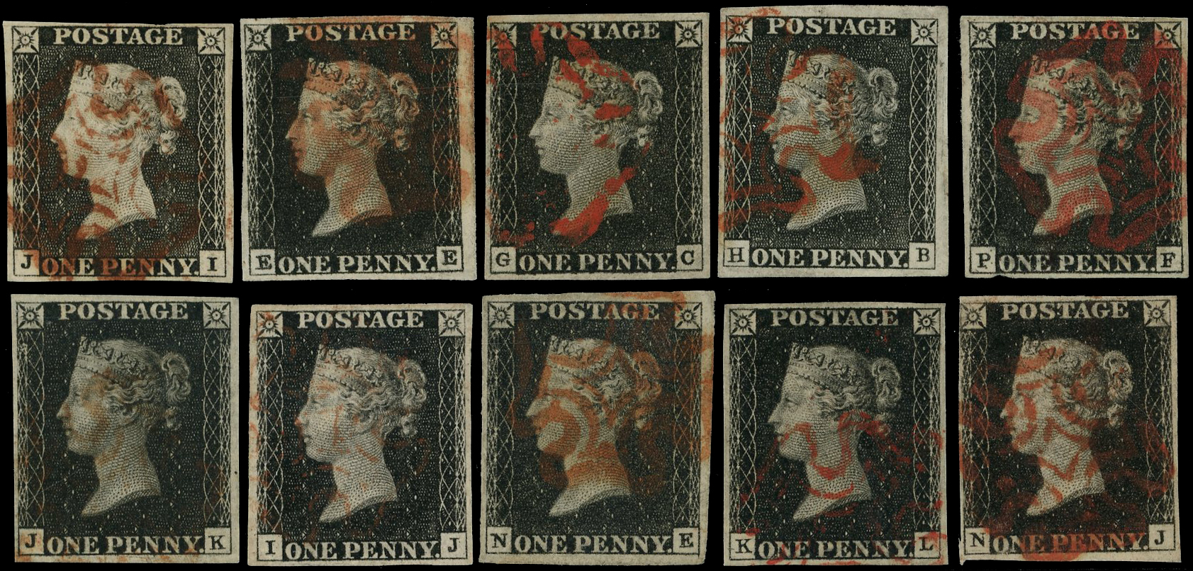 1840 1d black range of 10 examples from Plate 1a to 9, each a 4 margin example