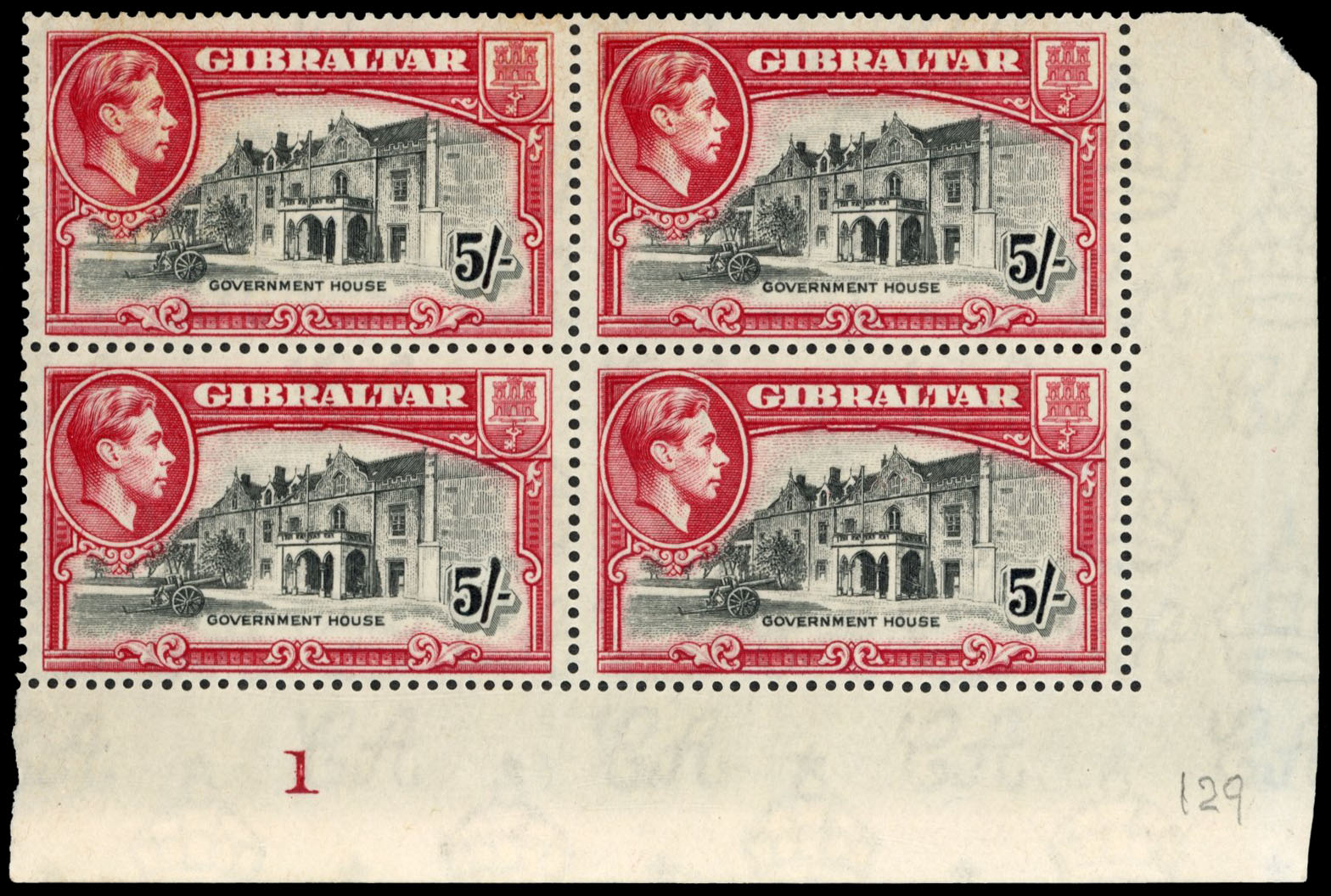 Gibraltar SG 129 Plate block mint