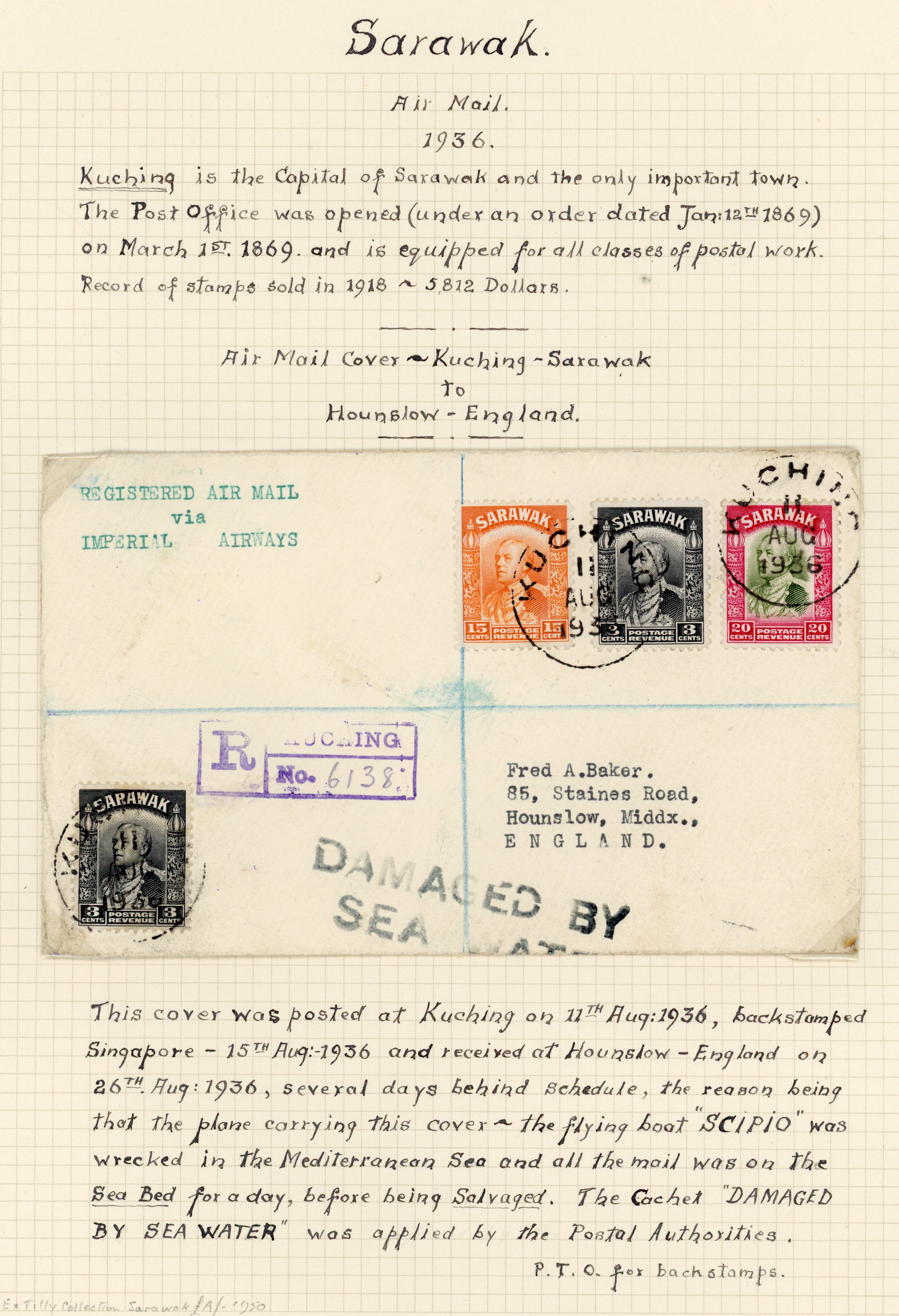 1936 (11 Aug) ‘SCIPIO’ crash envelope, registered, to England