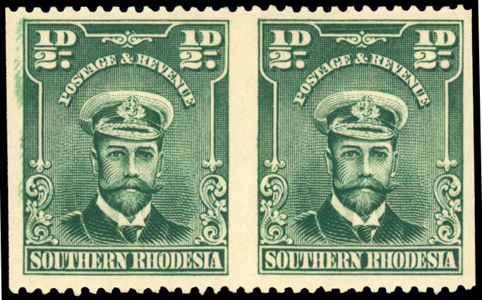 Southern Rhodesia 1924-29 ½d blue-green, pair, ERROR IMPERFORATE VERTICALLY S.G. 1c