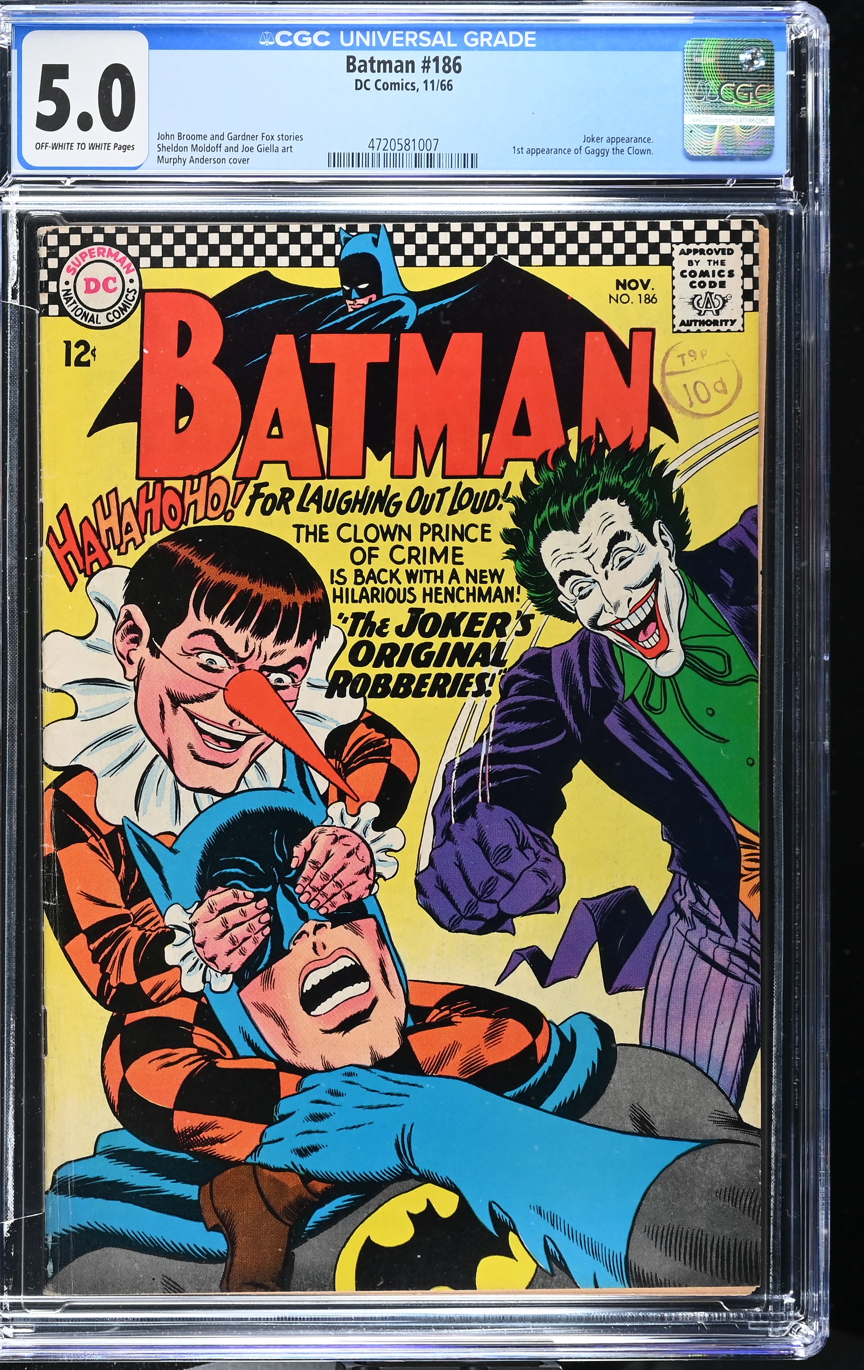 Batman #186 CGC 5.0 1st Appearance of Gaggy the Clown Joker Cover (DC Comics, 1966) Off-White to White Pages