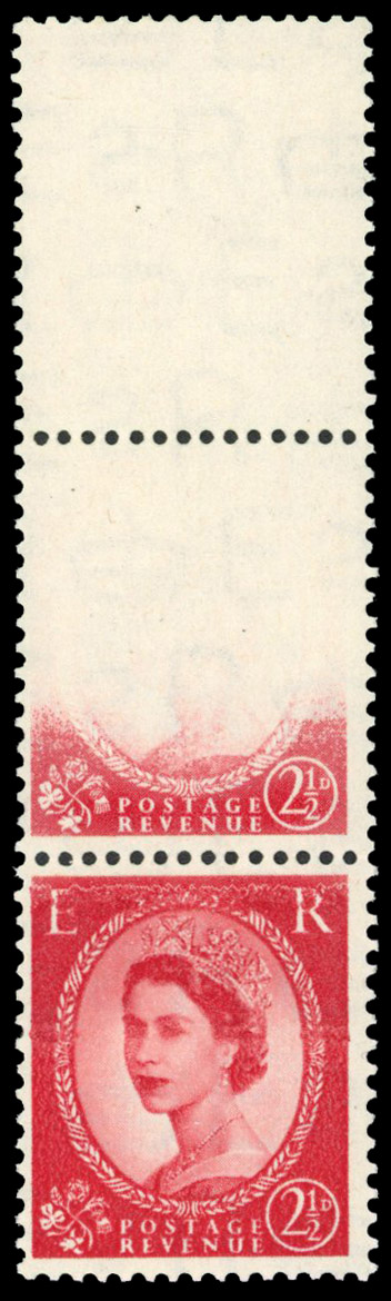 GB: 1955 2½d carmine-red (Type 1) vertical strip of 3, the top stamp omitted, middle 2/3 omitted and the bottom normal.