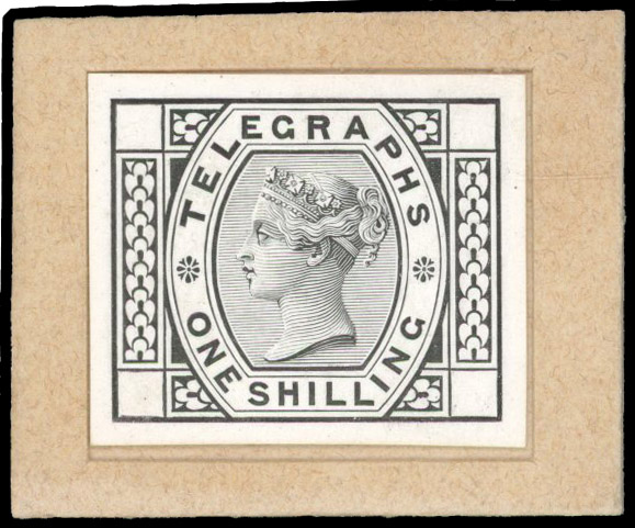 1877 1s Telegraph die proof. Superb example with void corner letters and plate number squares, printed in black