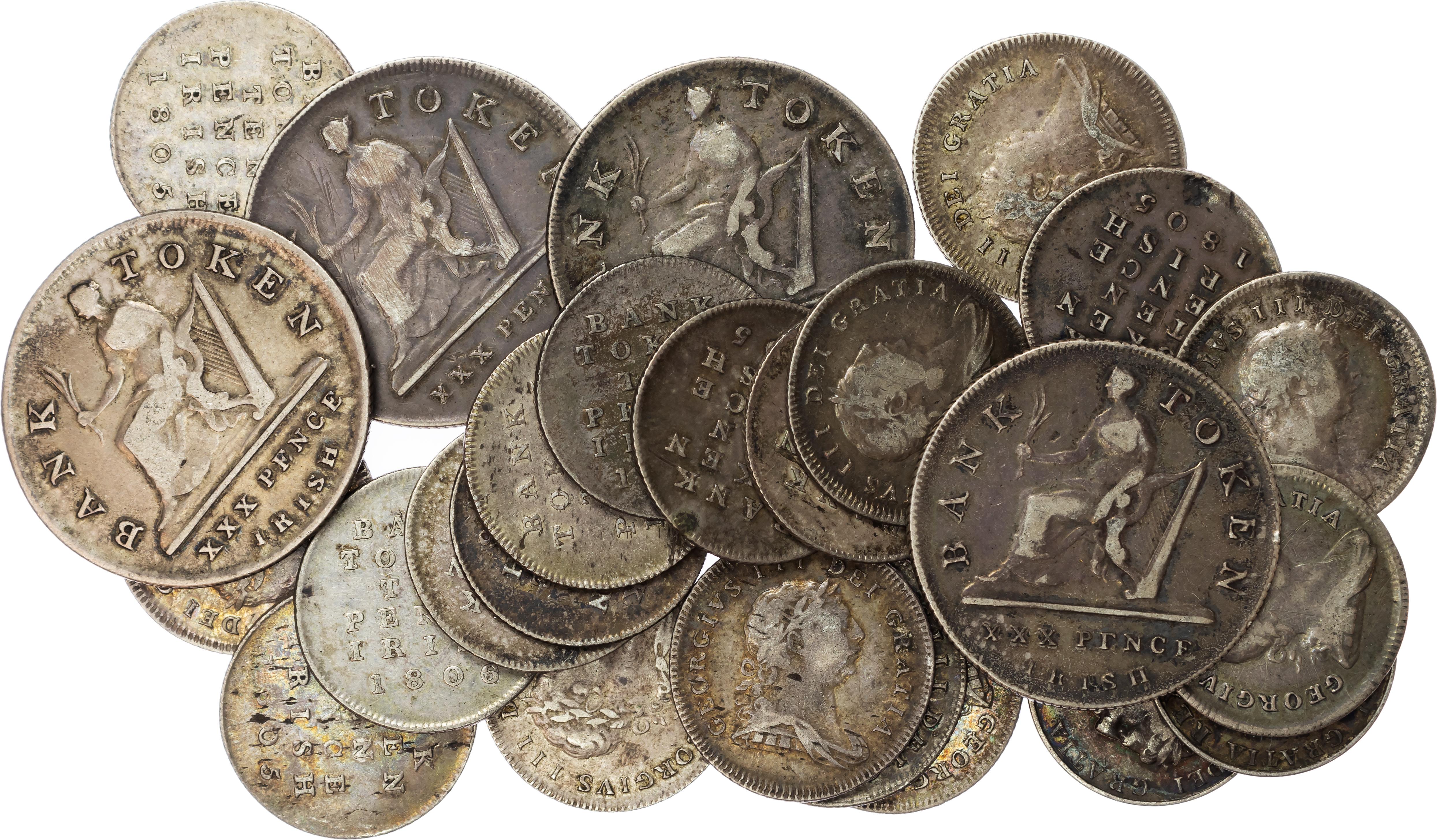 Group of Bank of Ireland silver bank tokens , 30 pence 1808 (S 6616) (4); 10 pence 1805 (S 6617) (16); 10 penc…