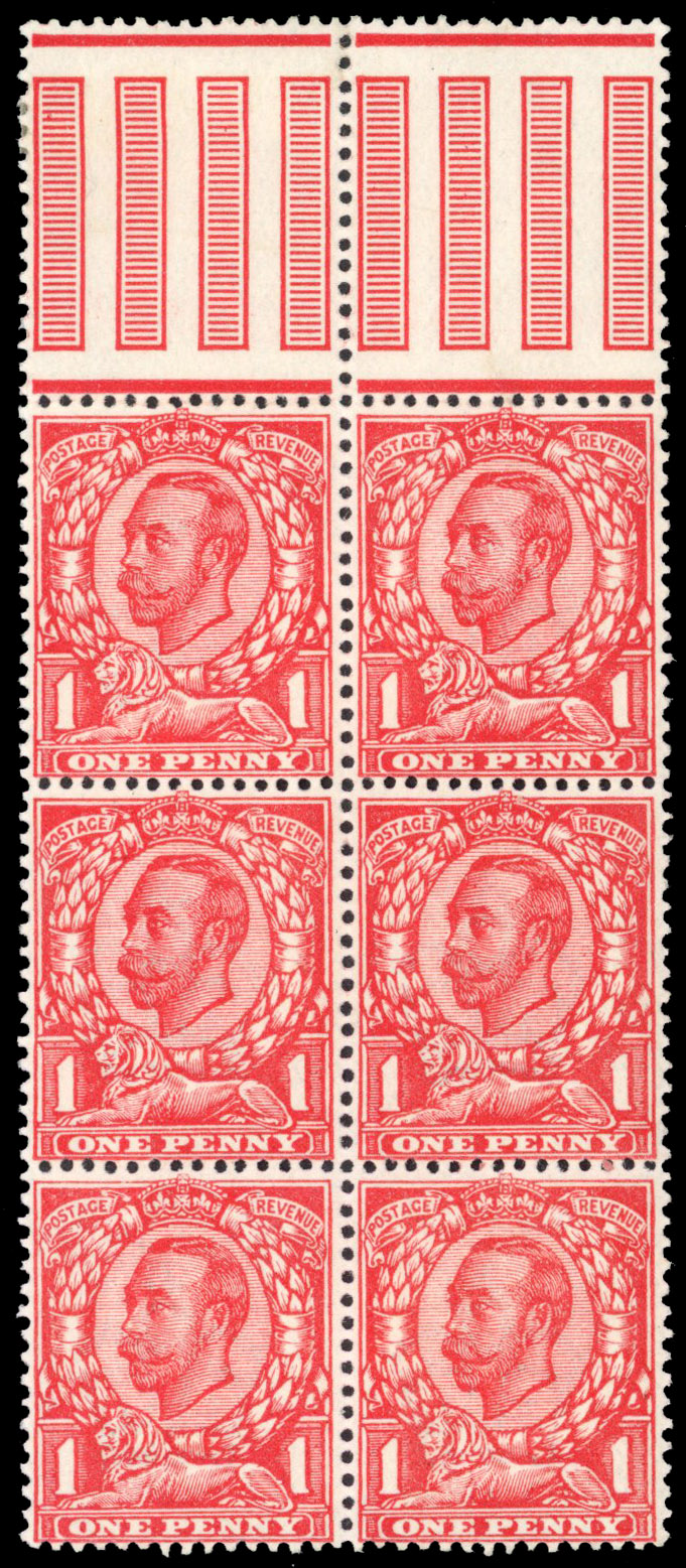 1912 1d Aniline scarlet (F, Die 2). Unmounted o.g. top interpanneau marginal block of six