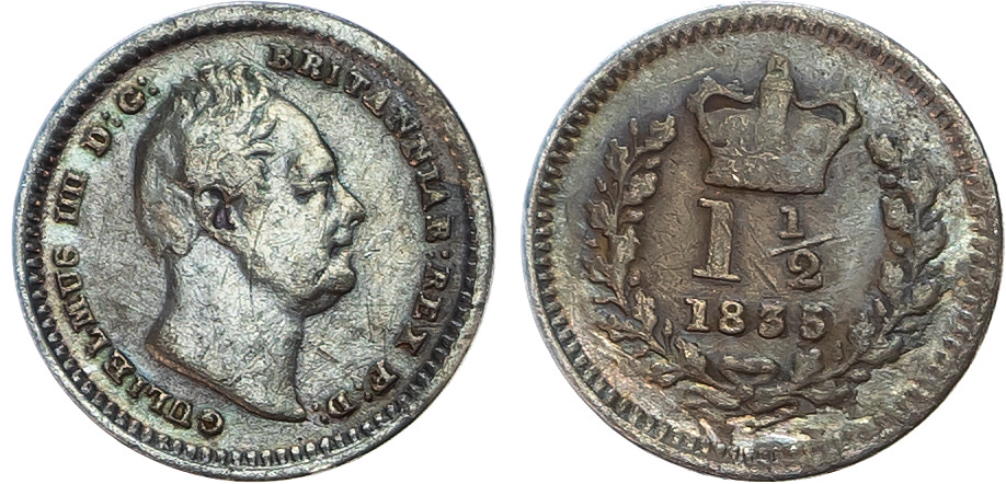 William IV (1830-1837) Three-Halfpence, 1835, without over-date.