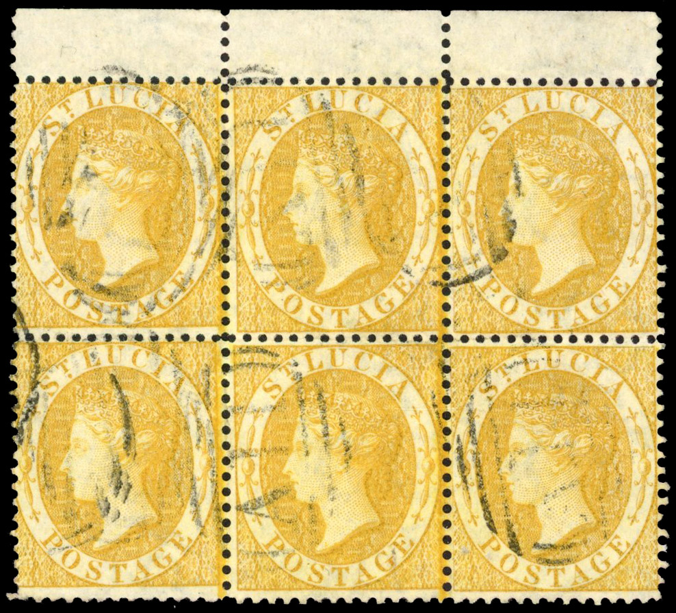 St Lucia 1864-76 (4d) yellow, perf 14, upper marginal block of 6, fine used, BPA cert (2021), SG 16.