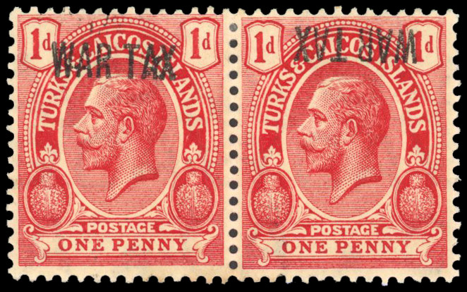 Turks and Caicos 1917 War Tax 1d horizontal pair one with inverted overprint