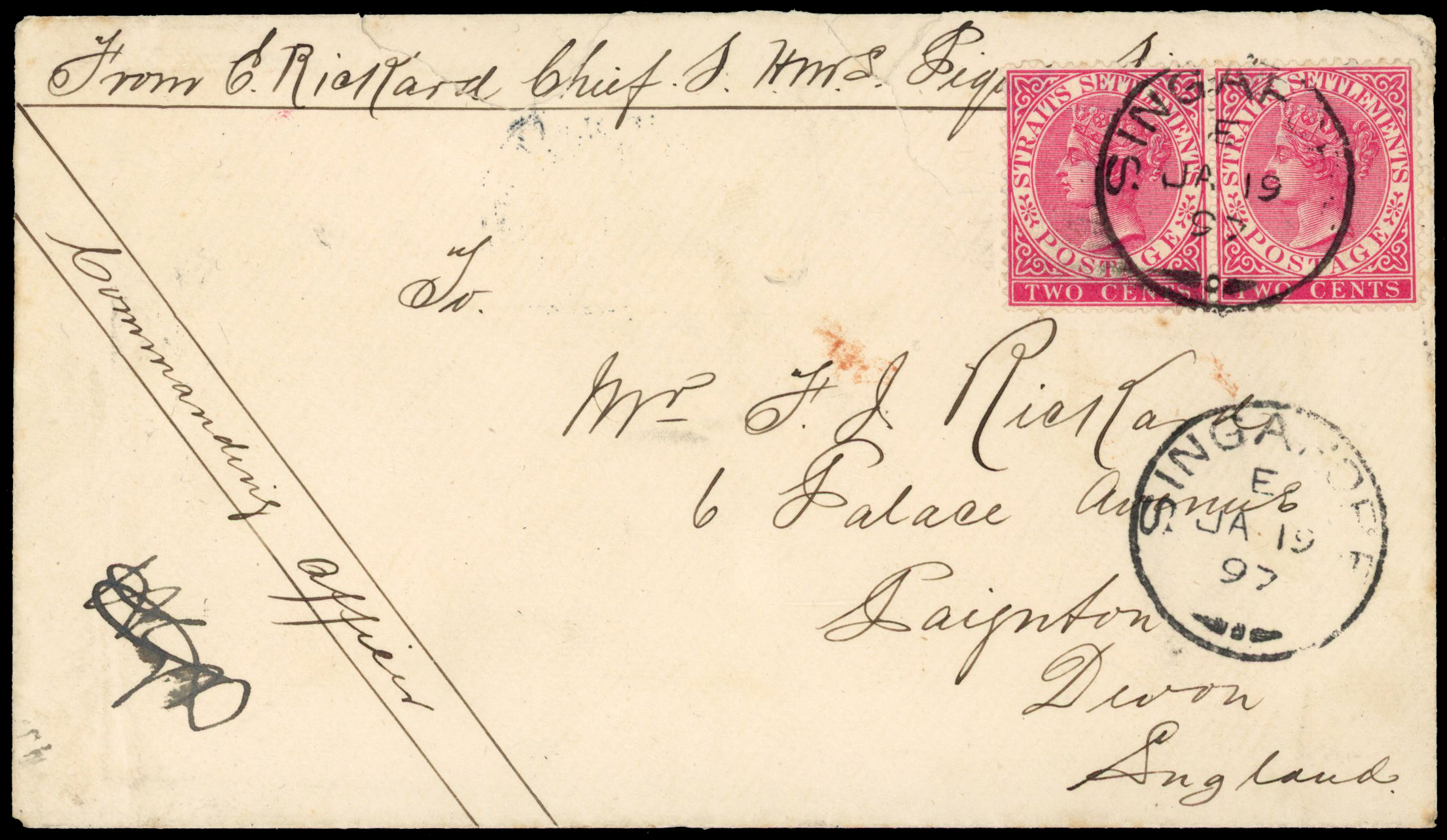 Straits Settlements 1897 sailors cover “From H.M.S. Pique Singapore"