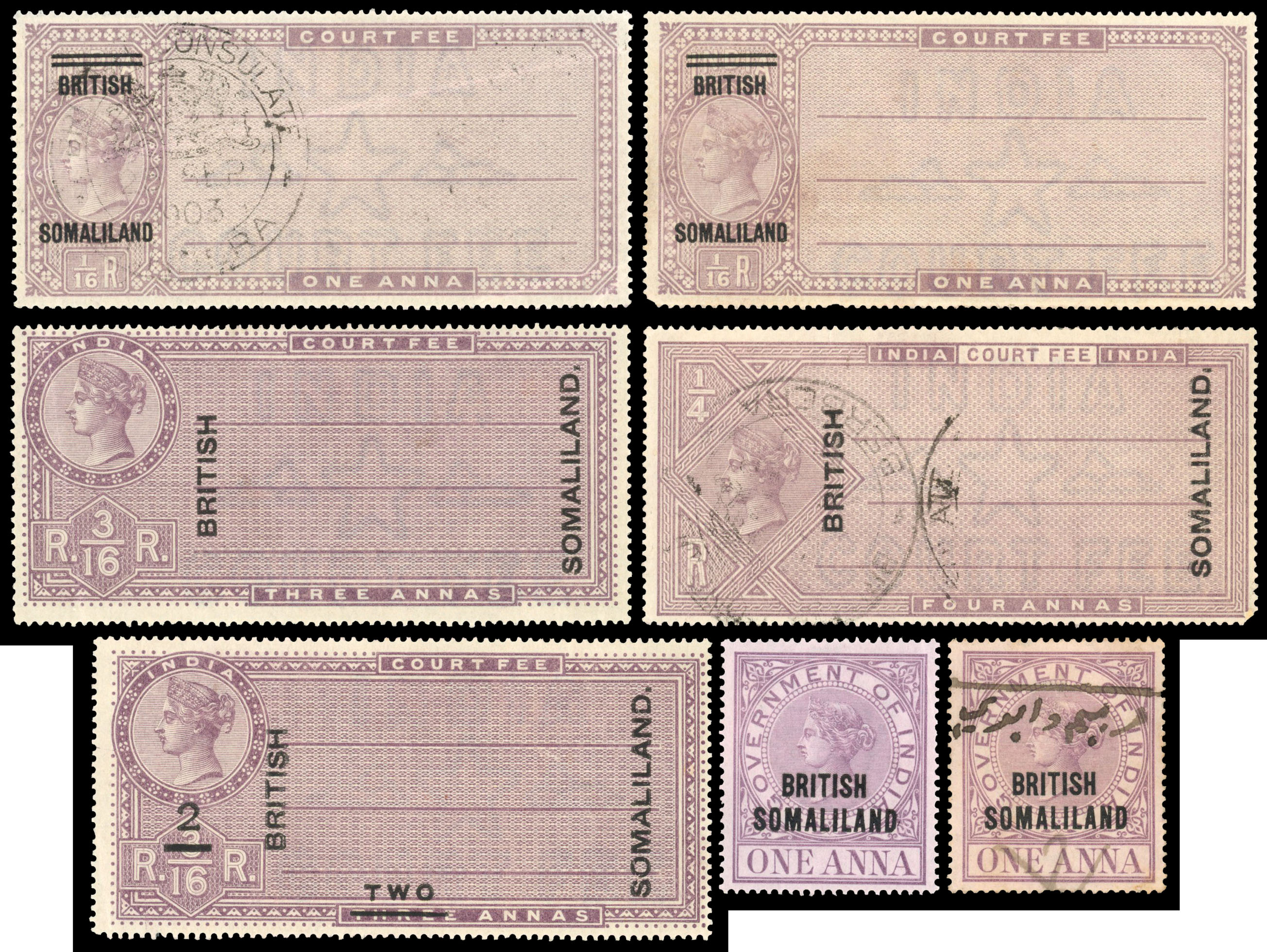 British Somaliland Court Fee Revenue QV overprints on India collection on card