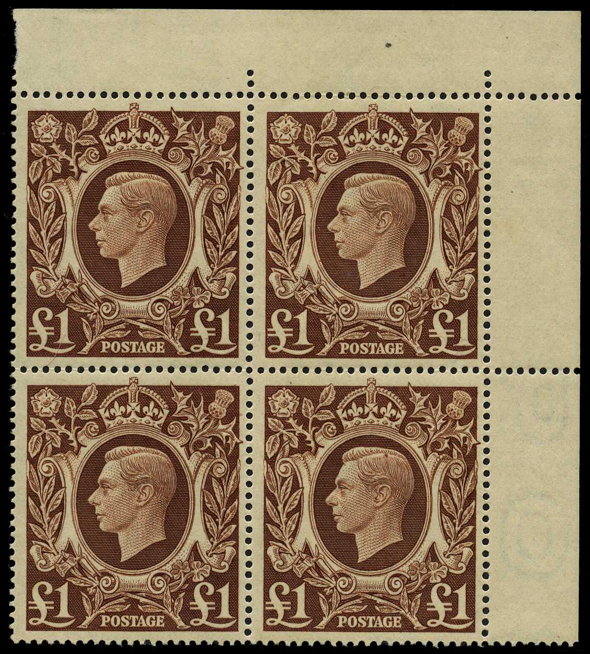 1939-48 £1 brown as top right marginal block...