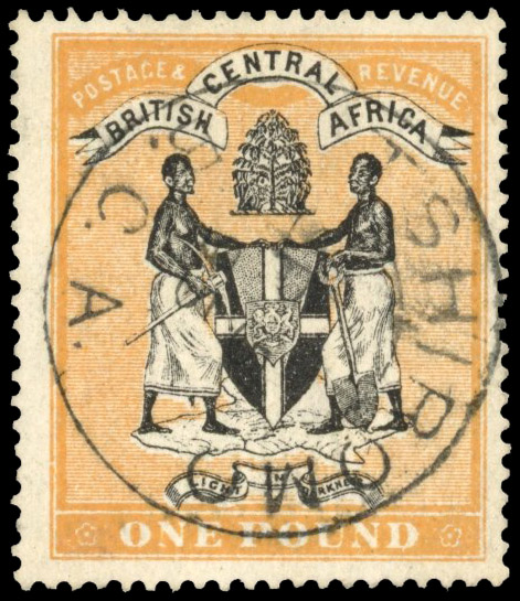 Nyasaland SG 29 1895 £1 black and yellow-orange used