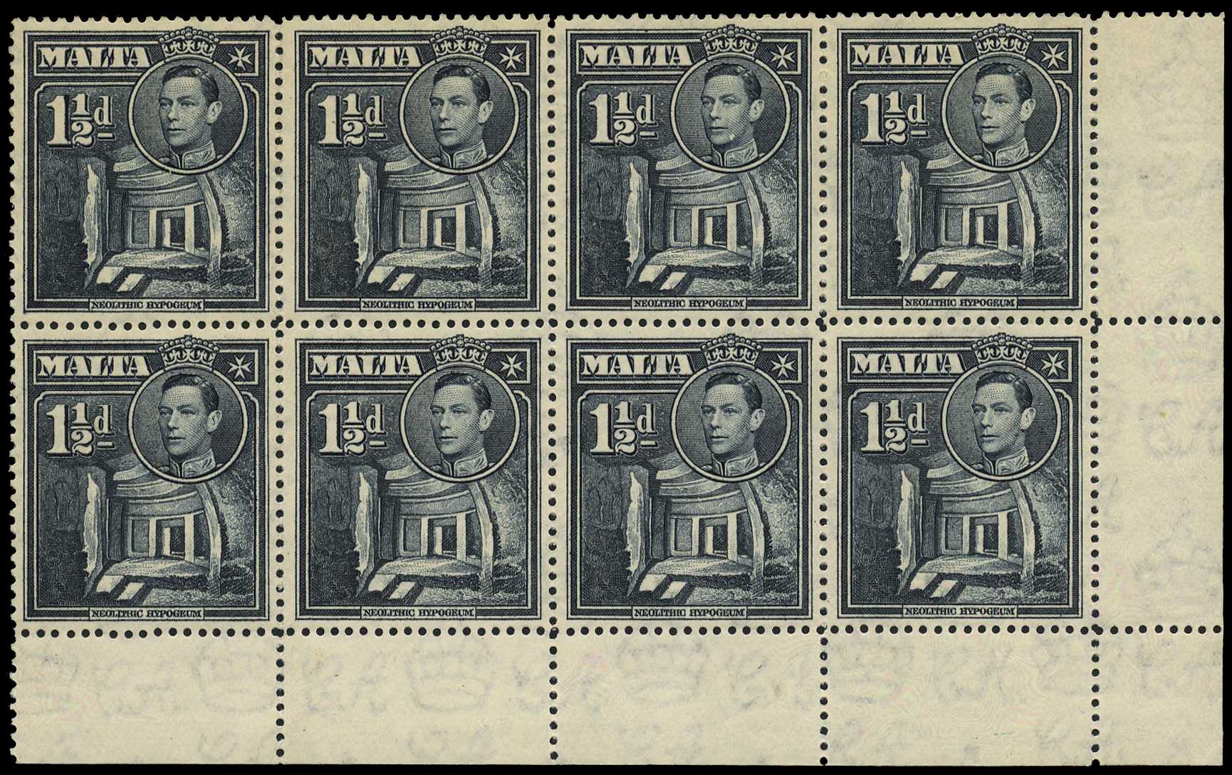 1943 1½d slate-black unnumbered Plate block...