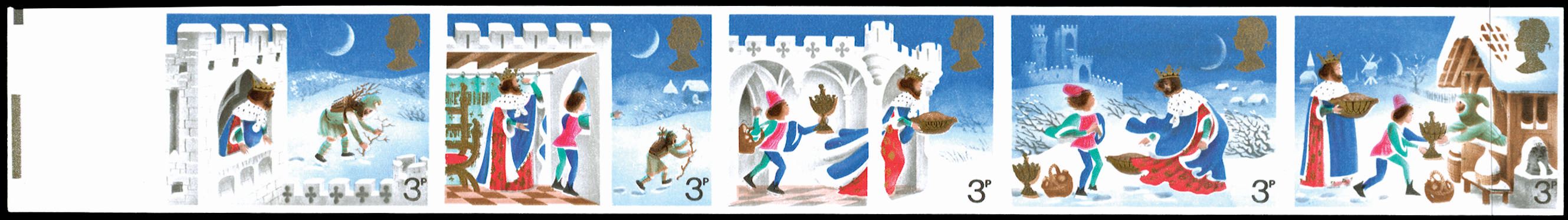 Great Britain 1973 3p Christmas. Very fine unmounted o.g. left hand marginal imperforate se-tenant strip of five. …